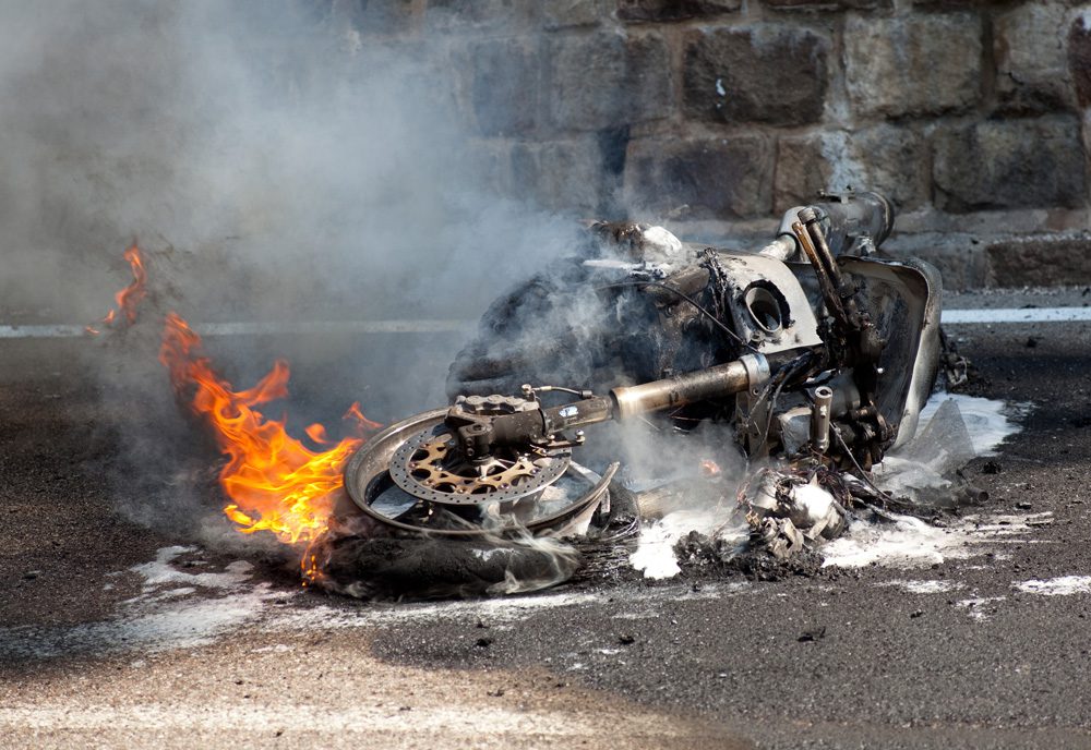 burning motorcycle.