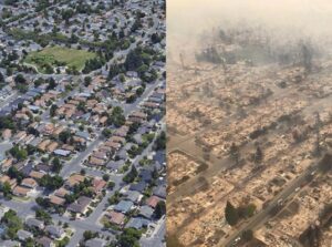 Before and after comparison after Santa Rosa fires ruining California neighborhood