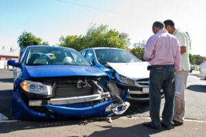 Drivers exchanging information after car crash